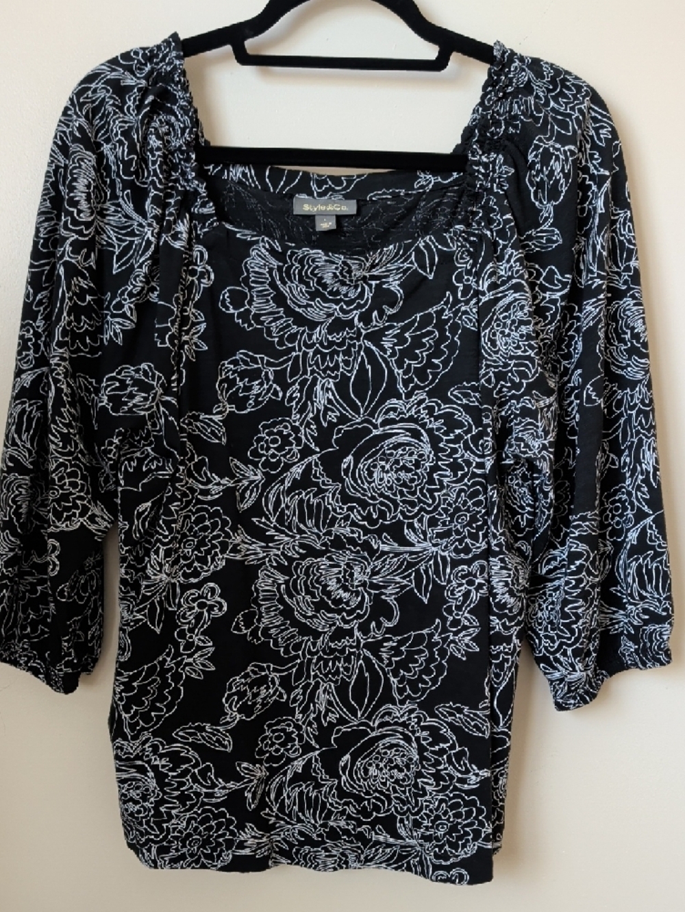 Style & Co. Black Floral Square-Neck Peasant Top - Cotton/Modal Knit - Size L